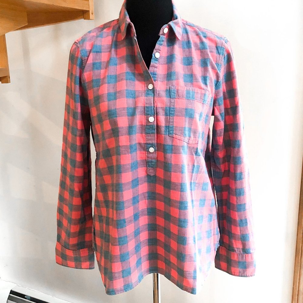 J. Crew| Partial Button Down Flannel | Blue/Coral - image 2
